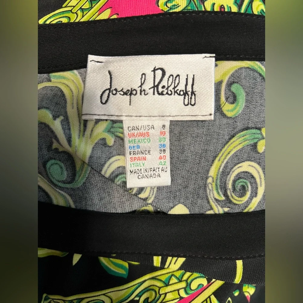 Joseph Ribkoff Baroque Blouse Size 8 Black Pink Green Boat Neck Statement Top - Picture 5 of 6